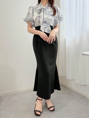 Women's Maxi Ruched Waist Ditsy Floral Puff Sleeve Fish Tail Hem Dress