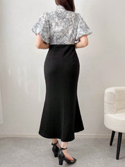 Women's Maxi Ruched Waist Ditsy Floral Puff Sleeve Fish Tail Hem Dress