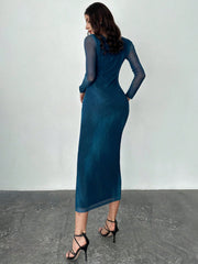 Shein Firerie Women's Blue-Green Gradient Mesh Long-Sleeved Dress