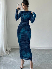 Shein Firerie Women's Blue-Green Gradient Mesh Long-Sleeved Dress