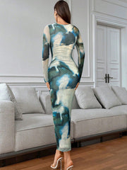 Women's Elegant Marble Printed Fitted Long Dress,Tea Party Dress