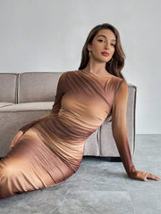 Women's Round Neck Long Sleeve Tie-Dye Printed Bodycon Long Dress