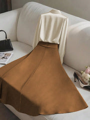 2pcs Elegant Shiny Fabric Top And Pleated Midi Skirt Set