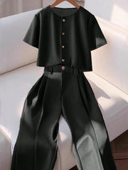 2pcs Set Women High-End Round Neck Short Sleeve Shirt And Casual Pants