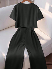 2pcs Set Women High-End Round Neck Short Sleeve Shirt And Casual Pants