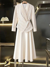 Striped Long Sleeve Blouse With Tie Waist, Elegant 2 In 1 Long Dress For Commuting