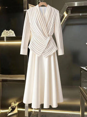 Striped Long Sleeve Blouse With Tie Waist, Elegant 2 In 1 Long Dress For Commuting