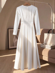 Striped Long Sleeve Blouse With Tie Waist, Elegant 2 In 1 Long Dress For Commuting