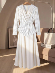 Striped Long Sleeve Blouse With Tie Waist, Elegant 2 In 1 Long Dress For Commuting