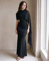 Mesh Splice Cloak Flare Sleeve Ruched Knit Fabric Fitted Dress