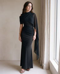Mesh Splice Cloak Flare Sleeve Ruched Knit Fabric Fitted Dress