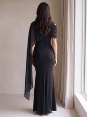 Mesh Splice Cloak Flare Sleeve Ruched Knit Fabric Fitted Dress