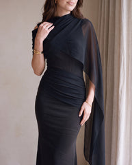 Mesh Splice Cloak Flare Sleeve Ruched Knit Fabric Fitted Dress