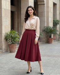 Shiny Fabric Top And Pleated Midi Skirt 2 Pieces Set