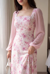 Printed Square Neck Long Sleeve Elegant Summer Dress