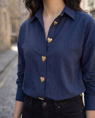 Striped Heart Button Basic Shirt