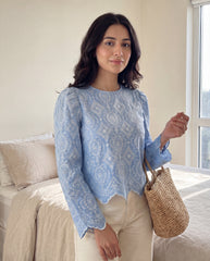 Eyelet Embroidered Blue Round Neck Puff Sleeve Blouse