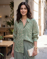 Leopard Print Casual Shirt With Pocket & Button Decor