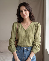 V-Neck Puff Sleeve Solid Blouse