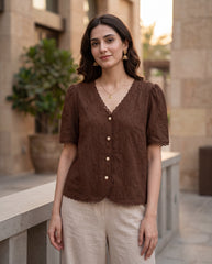 Simple Solid Color Textured Front Button Short Sleeve Shirt