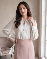 Shoulder Pleated Collar Embroidery Print Hidden Placket Loose Blouse