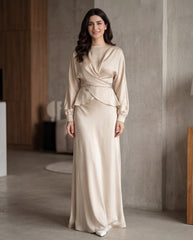 Waist Strap Back Satin Glossy Wrap Tie Top/Blouse And Fishtail Skirt Two Piece Set