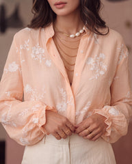 Embroidery Ruffle Hem Floral & Leaf Print Buttoned Blouse