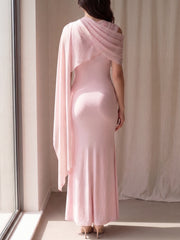 Mesh Splice Cloak Flare Sleeve Ruched Knit Fabric Fitted Dress