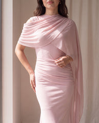 Mesh Splice Cloak Flare Sleeve Ruched Knit Fabric Fitted Dress