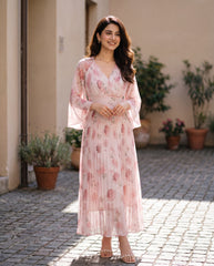 Floral Print Pleated Chiffon Dress