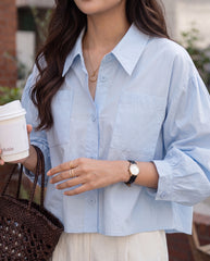 Front Button Pocket Loose Cropped Long Sleeve Shirt