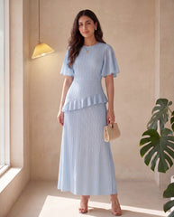 Textured Round Neck Chiffon Splice Ruffle Sleeve Waist Cinched Dress