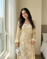 Printed Square Neck Long Sleeve Elegant Summer Dress