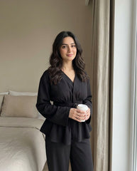 2-pc V-Neck Double-Breasted Double-Belt Long Sleeve Shirt And Pants Set