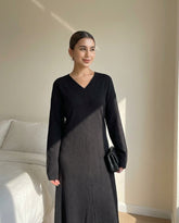 Solid Color Fitted V-Neck Long Sleeve Waist Cinched Elegant Dress