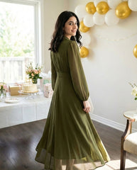 Chiffon Pleated Front Waist Cinched Long Sleeve Dress