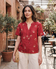 V-Neck Short-Sleeve Floral Embroidery Summer Shirt