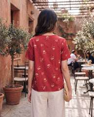 V-Neck Short-Sleeve Floral Embroidery Summer Shirt
