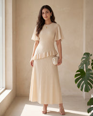 Round Neck Chiffon Spliced Ruffle Sleeve Waist-Cinched Slimming Dress