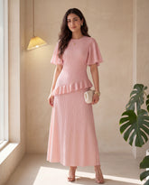 Round Neck Chiffon Spliced Ruffle Sleeve Waist-Cinched Slimming Dress