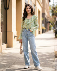Ditsy Floral Shirt With Ruffled Collar & Tie Waist