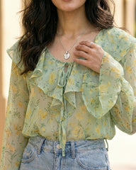 Ditsy Floral Shirt With Ruffled Collar & Tie Waist