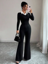 2pcs Set: Slim Fit Elegant Commuter Contrast Color Collar Long Sleeve T-Shirt & Flared Long Pants