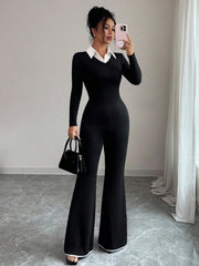 2pcs Set: Slim Fit Elegant Commuter Contrast Color Collar Long Sleeve T-Shirt & Flared Long Pants