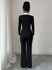 2pcs Set: Slim Fit Elegant Commuter Contrast Color Collar Long Sleeve T-Shirt & Flared Long Pants