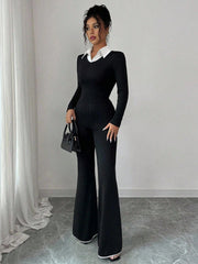 2pcs Set: Slim Fit Elegant Commuter Contrast Color Collar Long Sleeve T-Shirt & Flared Long Pants