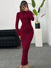 Women's Solid Color Long Sleeve Slim Fit Casual Long Dress