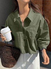 Front Button Pocket Loose Cropped Long Sleeve Shirt