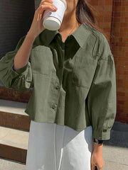 Front Button Pocket Loose Cropped Long Sleeve Shirt