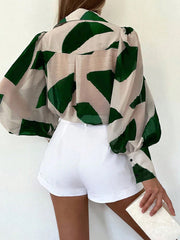 Women's Fashion Commuting Contrast Color Print Lantern Sleeve Blouse